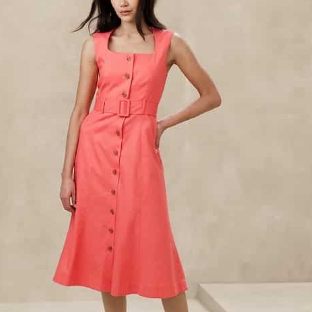 Banana Republic Linen Blend Sleeveless Button-Front Belted Midi Dress Size 6